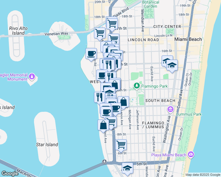 map of restaurants, bars, coffee shops, grocery stores, and more near 1245 West Avenue in Miami Beach
