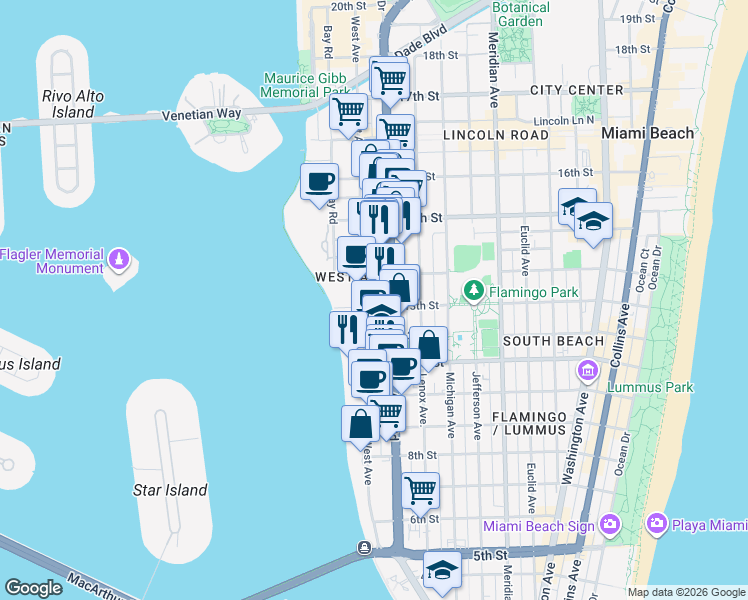 map of restaurants, bars, coffee shops, grocery stores, and more near 1245 West Avenue in Miami Beach