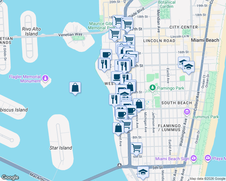 map of restaurants, bars, coffee shops, grocery stores, and more near 1250 West Avenue in Miami Beach