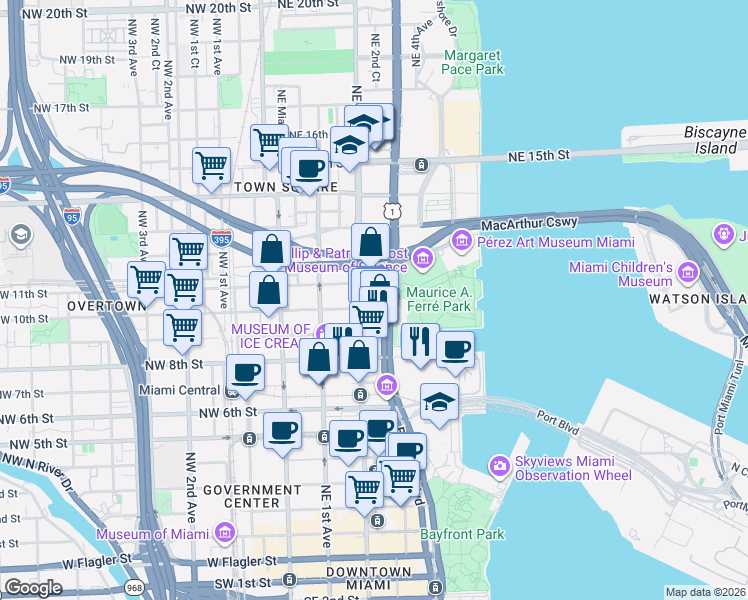 map of restaurants, bars, coffee shops, grocery stores, and more near in Miami
