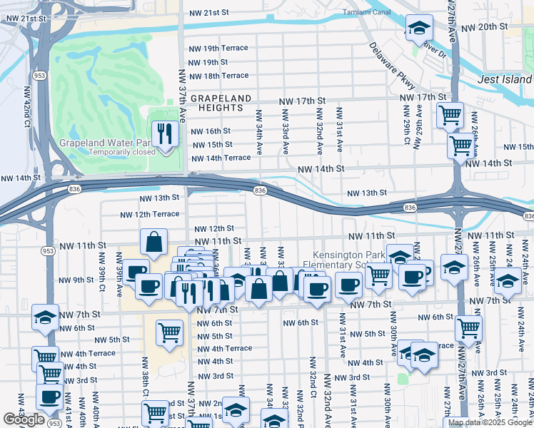 map of restaurants, bars, coffee shops, grocery stores, and more near 1138 Northwest 34th Avenue in Miami