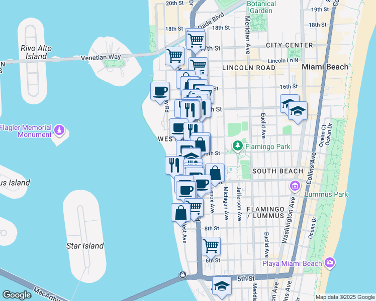 map of restaurants, bars, coffee shops, grocery stores, and more near 1245 West Avenue in Miami Beach