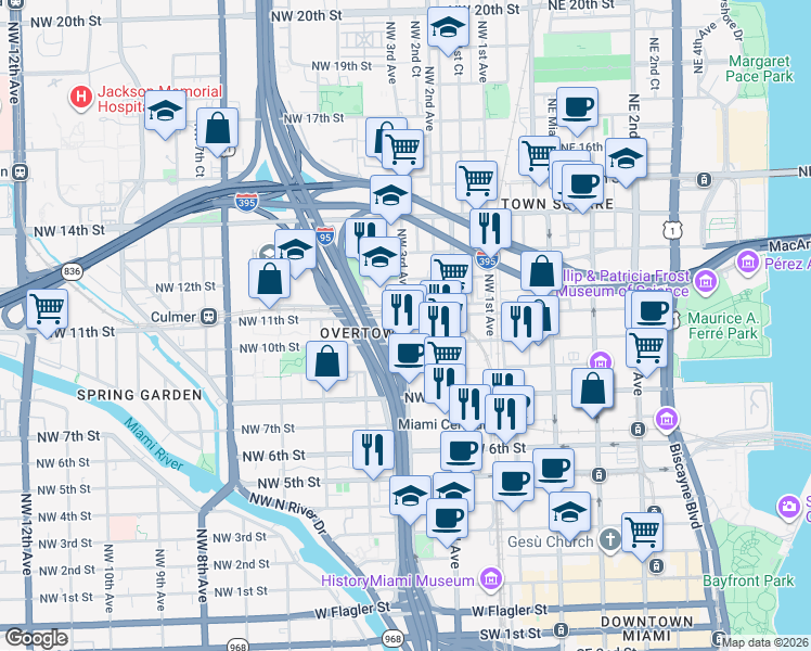 map of restaurants, bars, coffee shops, grocery stores, and more near 330 Northwest 10th Street in Miami