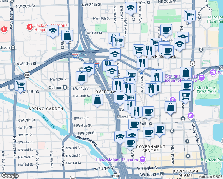 map of restaurants, bars, coffee shops, grocery stores, and more near 314 Northwest 12th Street in Miami
