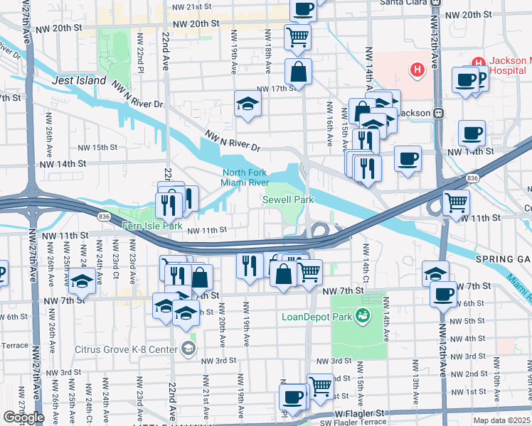 map of restaurants, bars, coffee shops, grocery stores, and more near 1850 Northwest South River Drive in Miami