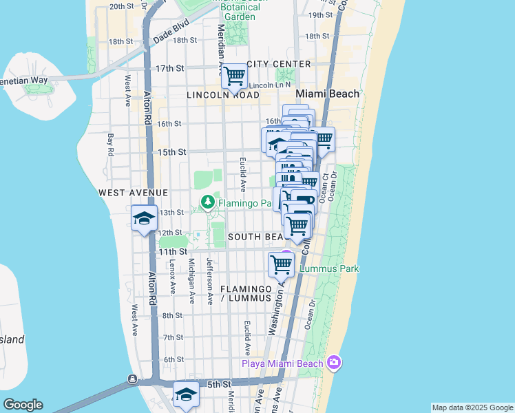 map of restaurants, bars, coffee shops, grocery stores, and more near 1340 Pennsylvania Avenue in Miami Beach