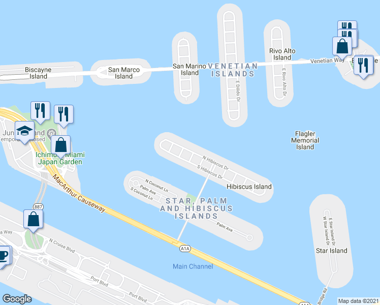 map of restaurants, bars, coffee shops, grocery stores, and more near 355 North Hibiscus Drive in Miami Beach
