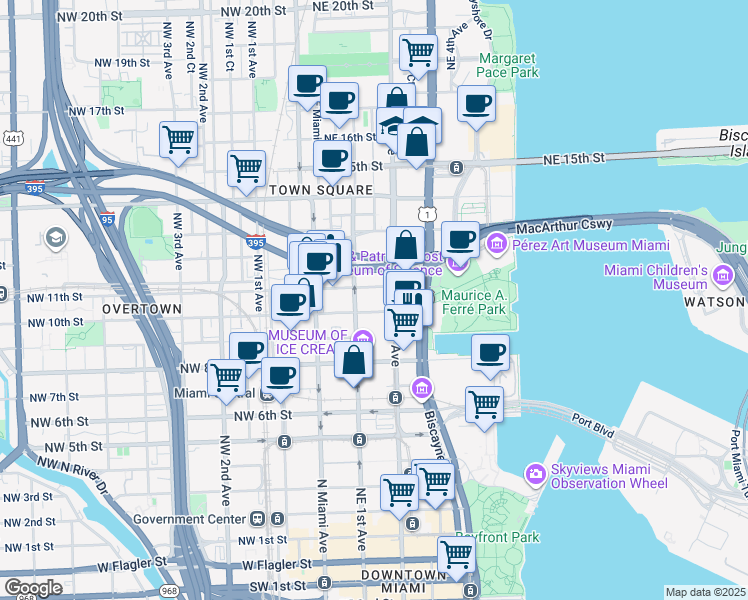 map of restaurants, bars, coffee shops, grocery stores, and more near in Miami