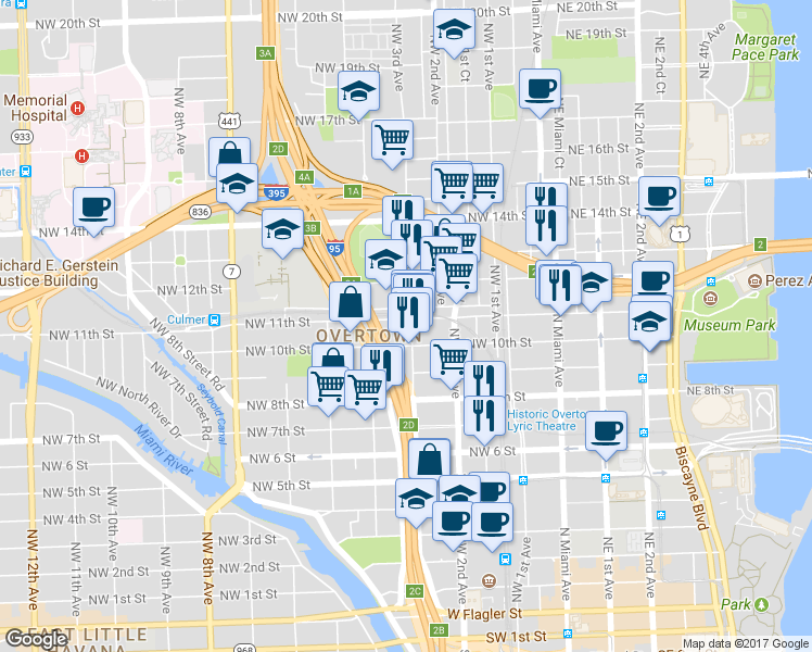 map of restaurants, bars, coffee shops, grocery stores, and more near 314 Northwest 12th Street in Miami