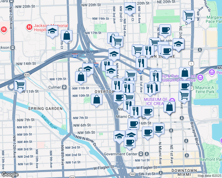 map of restaurants, bars, coffee shops, grocery stores, and more near 314 Northwest 12th Street in Miami