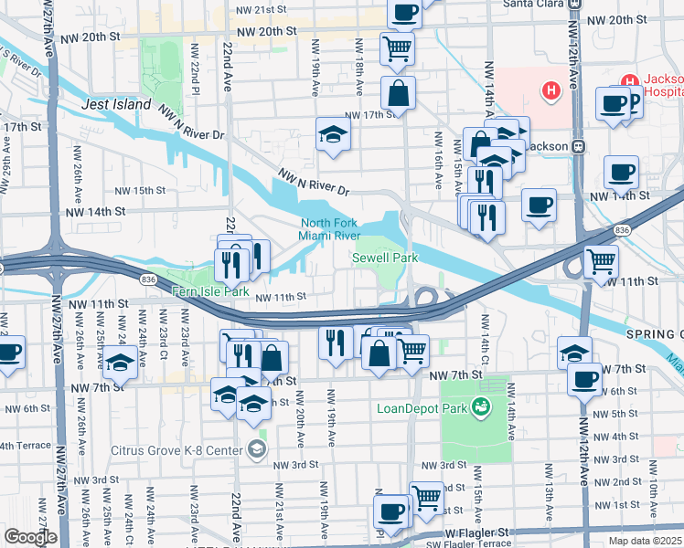 map of restaurants, bars, coffee shops, grocery stores, and more near 1861 Northwest South River Drive in Miami