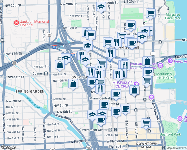 map of restaurants, bars, coffee shops, grocery stores, and more near 1130 Northwest 2nd Avenue in Miami