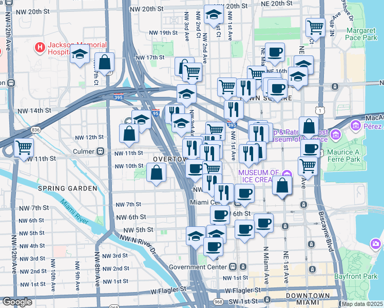 map of restaurants, bars, coffee shops, grocery stores, and more near 1040 Northwest 3rd Avenue in Miami