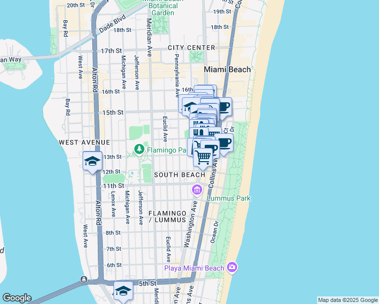 map of restaurants, bars, coffee shops, grocery stores, and more near in Miami Beach