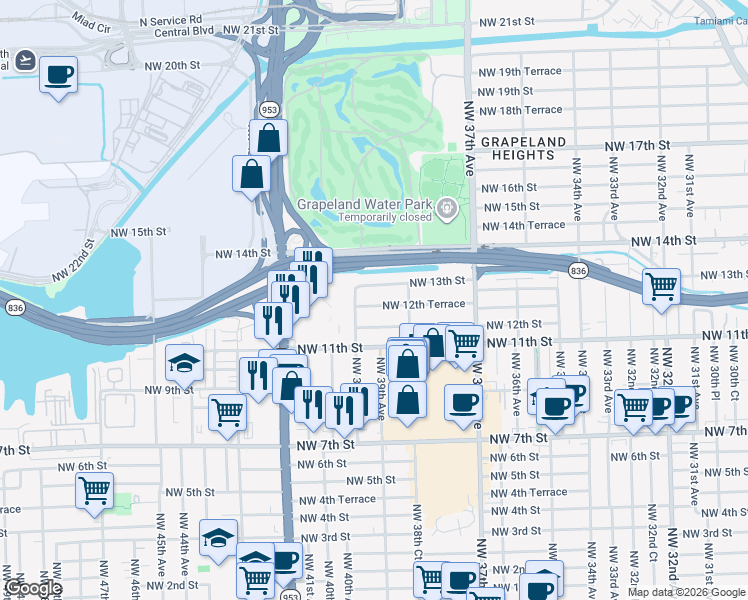 map of restaurants, bars, coffee shops, grocery stores, and more near 3921 Northwest 13th Street in Miami