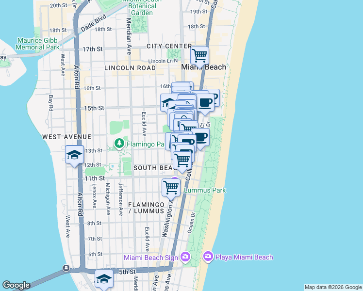 map of restaurants, bars, coffee shops, grocery stores, and more near 222 14th Street in Miami Beach