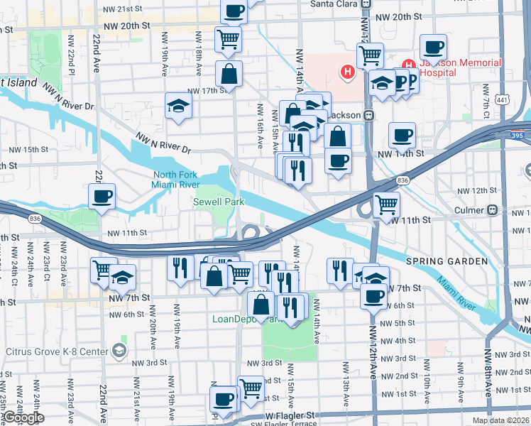 map of restaurants, bars, coffee shops, grocery stores, and more near 1480 Northwest North River Drive in Miami