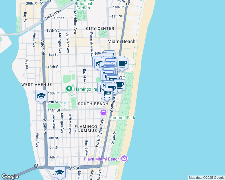 map of restaurants, bars, coffee shops, grocery stores, and more near 222 14th Street in Miami Beach