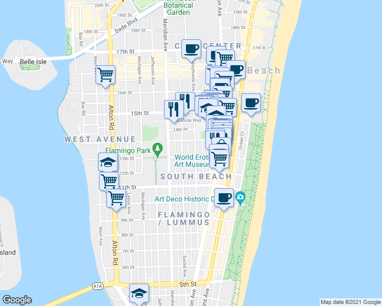 map of restaurants, bars, coffee shops, grocery stores, and more near 1340 Pennsylvania Avenue in Miami Beach