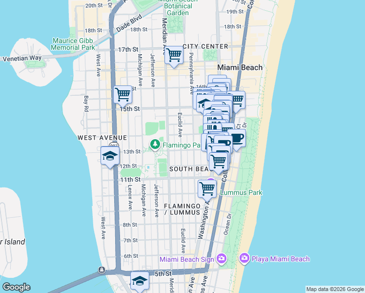 map of restaurants, bars, coffee shops, grocery stores, and more near 1340 Pennsylvania Avenue in Miami Beach