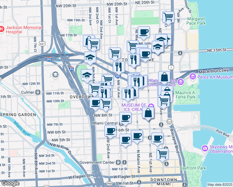 map of restaurants, bars, coffee shops, grocery stores, and more near 1151 Northwest 1st Avenue in Miami