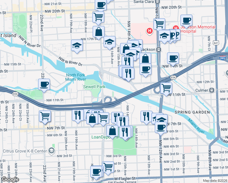 map of restaurants, bars, coffee shops, grocery stores, and more near 1480 Northwest North River Drive in Miami