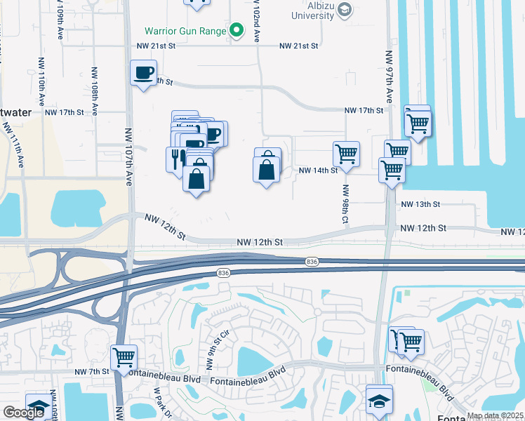 map of restaurants, bars, coffee shops, grocery stores, and more near 10055 Northwest 12th Street in Doral