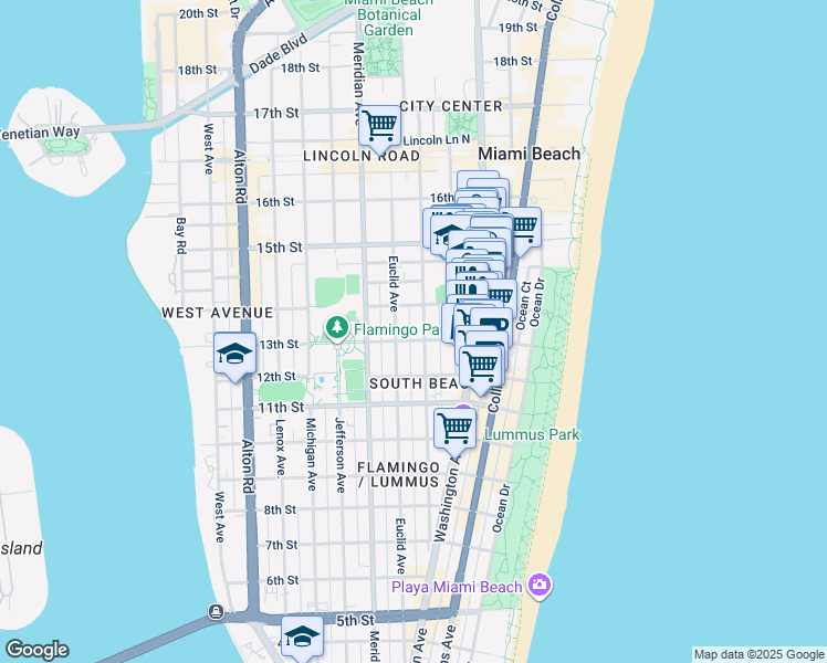 map of restaurants, bars, coffee shops, grocery stores, and more near 1340 Pennsylvania Avenue in Miami Beach