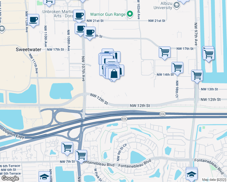 map of restaurants, bars, coffee shops, grocery stores, and more near 1245 NW 107th Ave in Doral