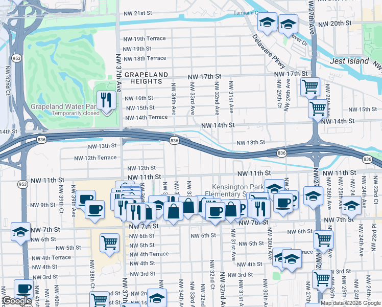map of restaurants, bars, coffee shops, grocery stores, and more near 1255 Northwest 33rd Avenue in Miami