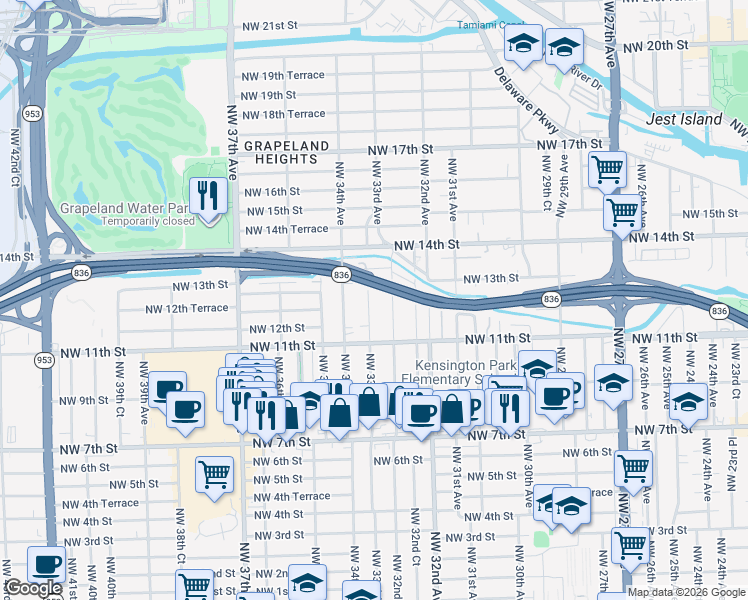 map of restaurants, bars, coffee shops, grocery stores, and more near 1255 Northwest 33rd Avenue in Miami