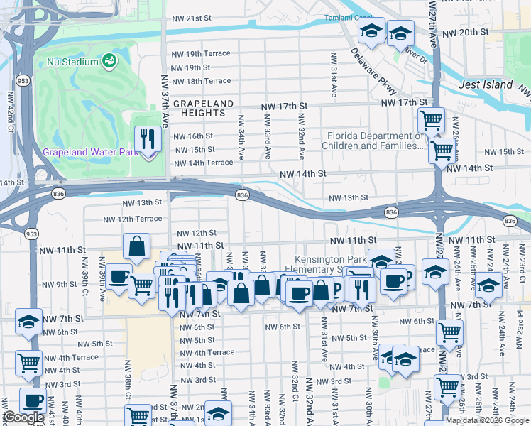 map of restaurants, bars, coffee shops, grocery stores, and more near 1237 Northwest 33rd Avenue in Miami