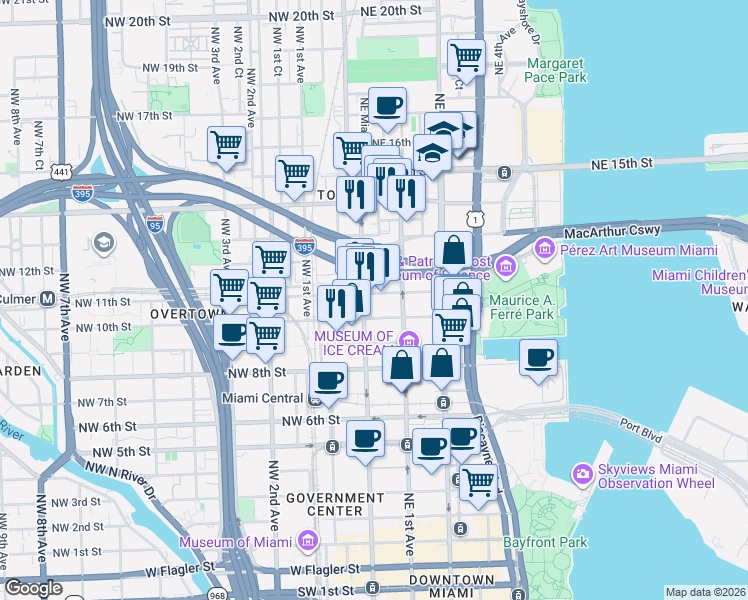 map of restaurants, bars, coffee shops, grocery stores, and more near 1001N North Miami Avenue in Miami