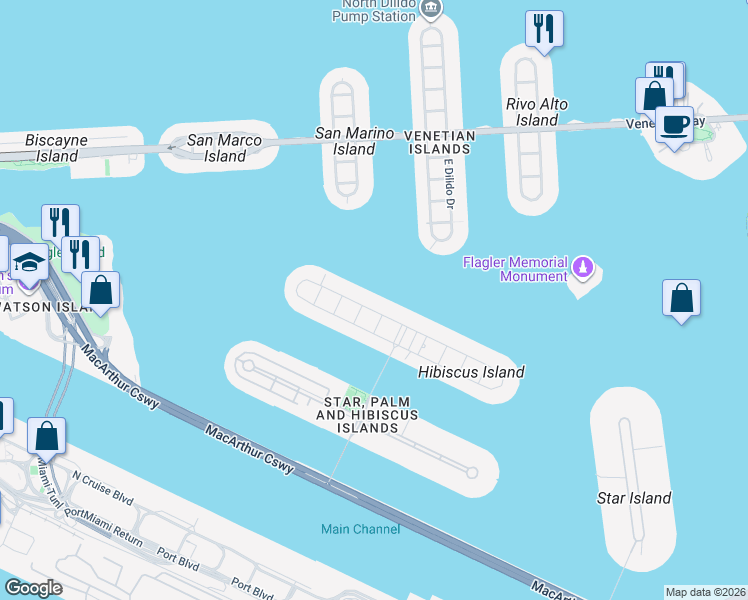 map of restaurants, bars, coffee shops, grocery stores, and more near 289 North Hibiscus Drive in Miami Beach