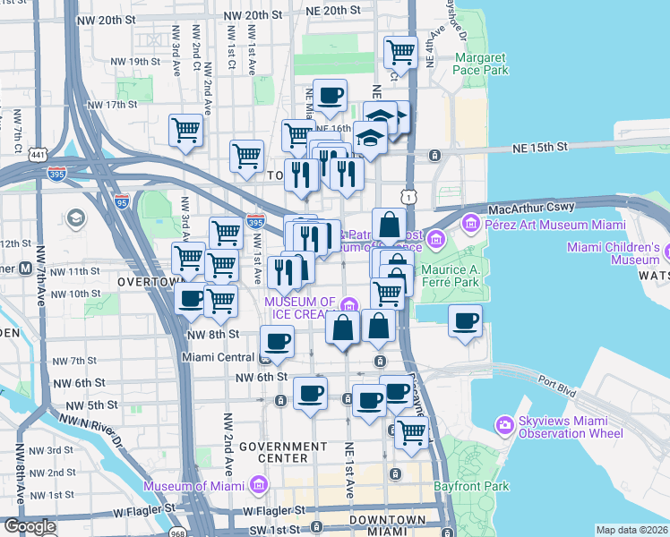 map of restaurants, bars, coffee shops, grocery stores, and more near 1001N North Miami Avenue in Miami