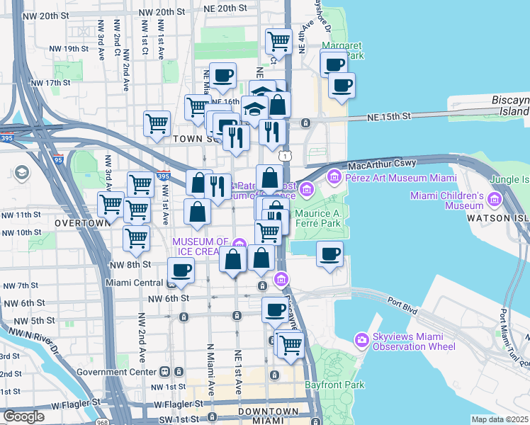 map of restaurants, bars, coffee shops, grocery stores, and more near 1040 Biscayne Boulevard in Miami