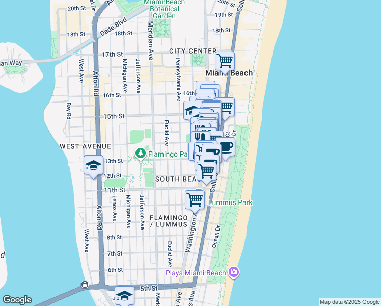 map of restaurants, bars, coffee shops, grocery stores, and more near in Miami Beach