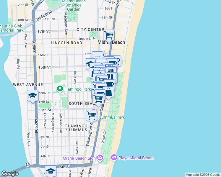 map of restaurants, bars, coffee shops, grocery stores, and more near 1390 Ocean Drive in Miami Beach