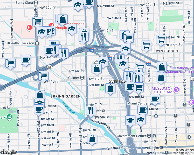 map of restaurants, bars, coffee shops, grocery stores, and more near 601 Northwest 11th Street in Miami