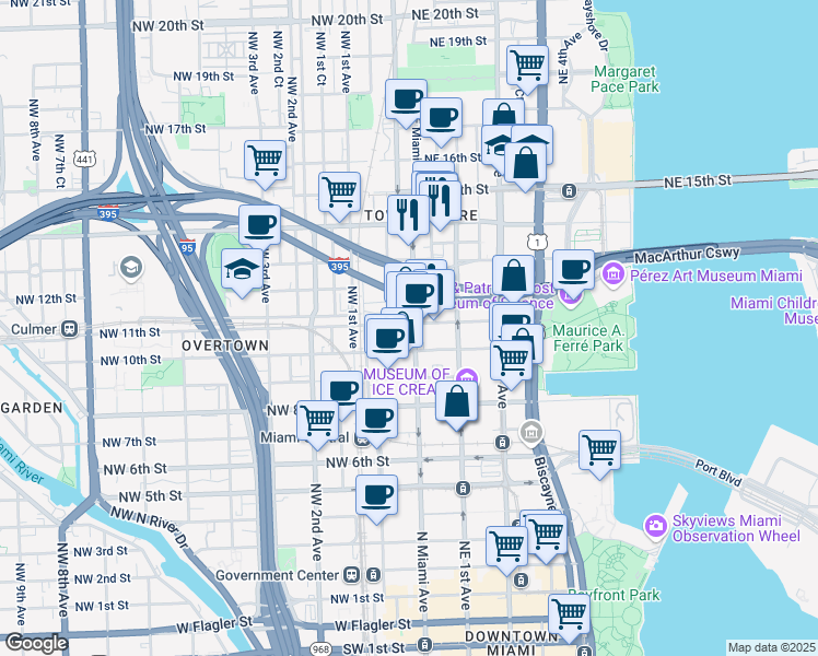 map of restaurants, bars, coffee shops, grocery stores, and more near 1040 North Miami Avenue in Miami