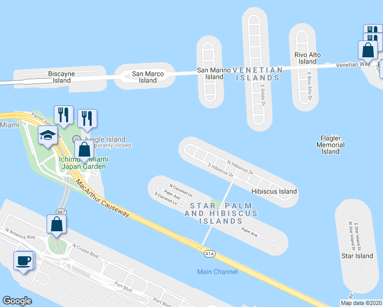 map of restaurants, bars, coffee shops, grocery stores, and more near 420 North Hibiscus Drive in Miami Beach