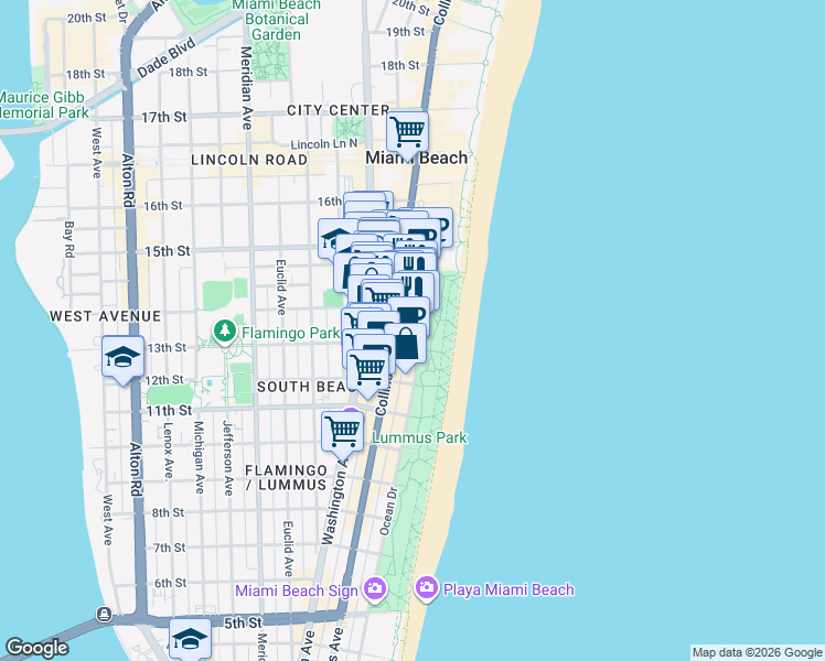 map of restaurants, bars, coffee shops, grocery stores, and more near 1390 Ocean Drive in Miami Beach