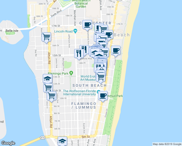 map of restaurants, bars, coffee shops, grocery stores, and more near 1340 Pennsylvania Avenue in Miami Beach