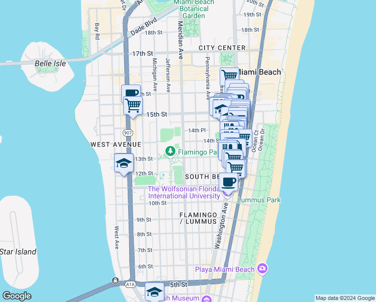 map of restaurants, bars, coffee shops, grocery stores, and more near 1411 Meridian Avenue in Miami Beach