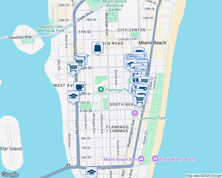 map of restaurants, bars, coffee shops, grocery stores, and more near 1345 Meridian Avenue in Miami Beach