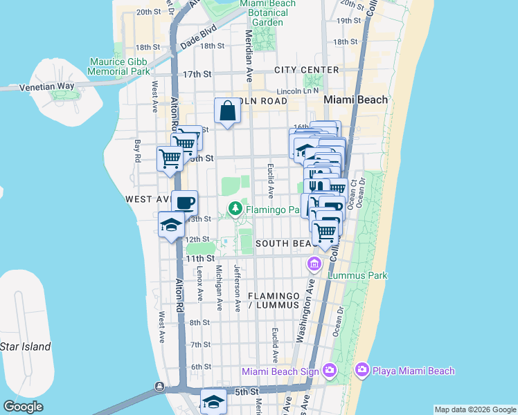 map of restaurants, bars, coffee shops, grocery stores, and more near 1345 Meridian Avenue in Miami Beach