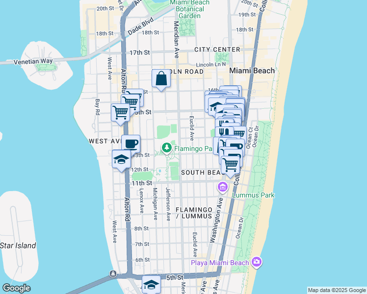 map of restaurants, bars, coffee shops, grocery stores, and more near 1325 Meridian Avenue in Miami Beach