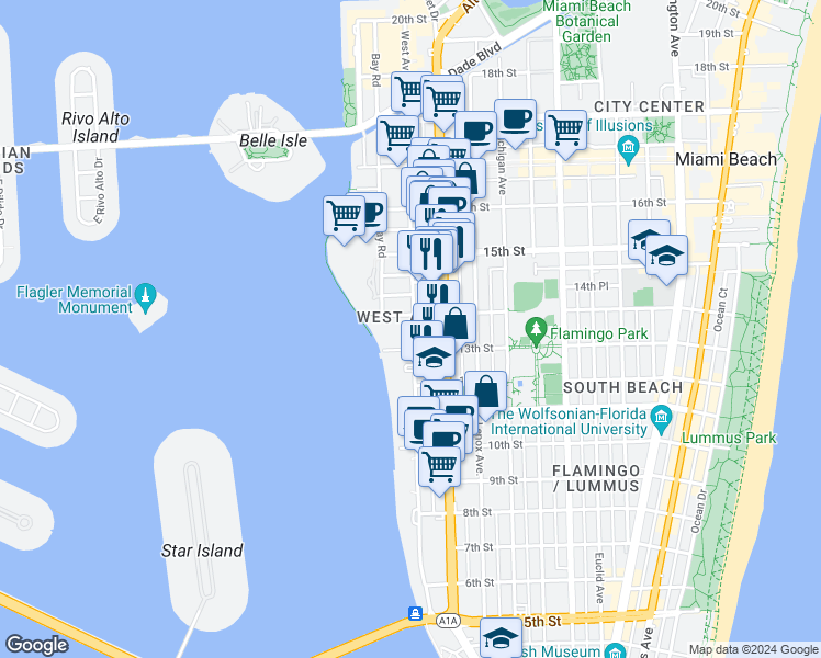 map of restaurants, bars, coffee shops, grocery stores, and more near 1240 14th Street in Miami Beach