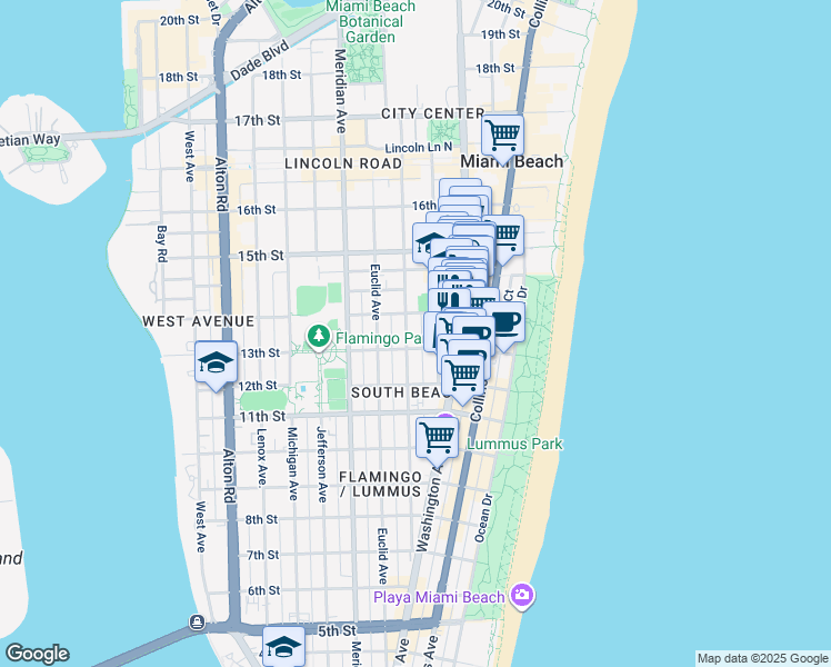 map of restaurants, bars, coffee shops, grocery stores, and more near in Miami Beach