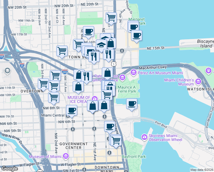map of restaurants, bars, coffee shops, grocery stores, and more near 1040 Biscayne Boulevard in Miami